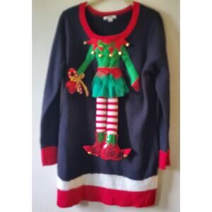 Kela Women's L Ugly Christmas Elf In A Tutu 3D Sweater EUC Black Red Jingle Bell